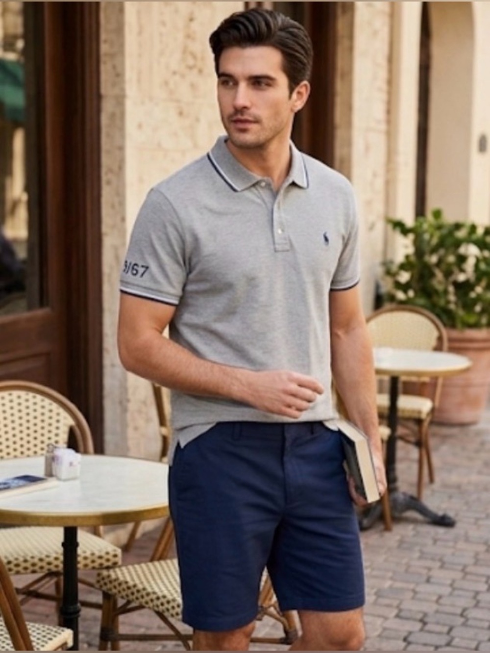Polo by Ralph Lauren Heather Gray Short-Sleeve Polo with Navy Trim size slim LG